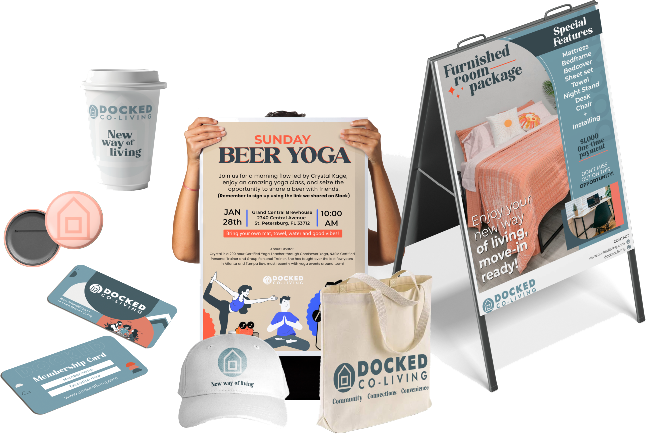 Docked branded merchandise: cup, tote bag, cap, membership cards, event poster and A-frame sign