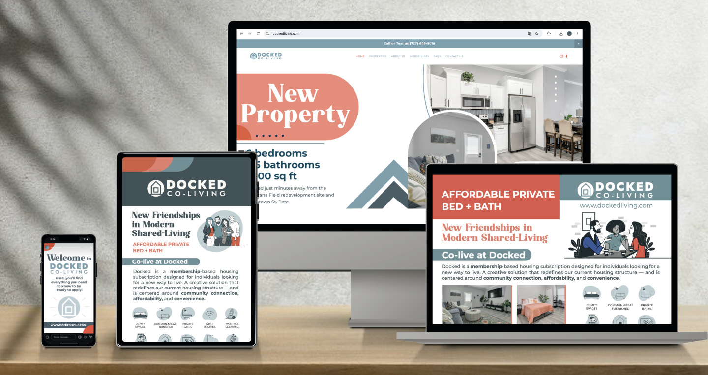 Docked Co-Living website and flyers shown across desktop, tablet, laptop and phone