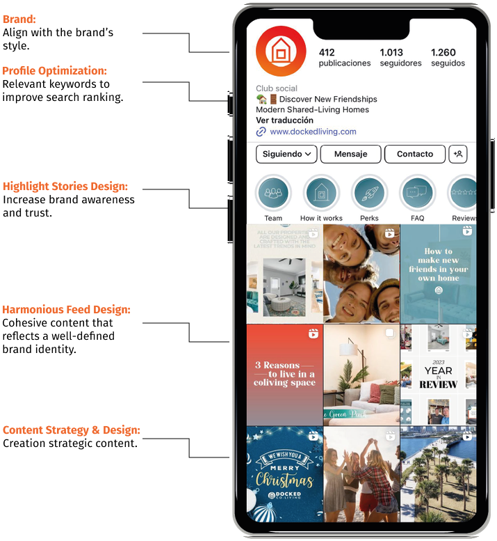 Instagram profile design breakdown: brand alignment, profile optimisation, highlight stories, harmonious feed and content strategy