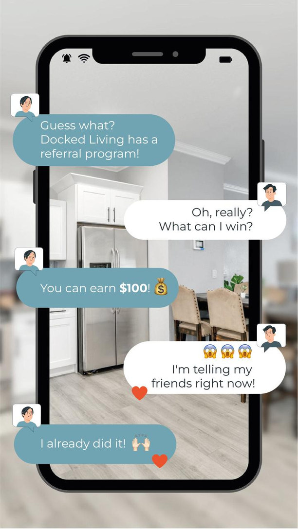 Chat mockup explaining the referral programme