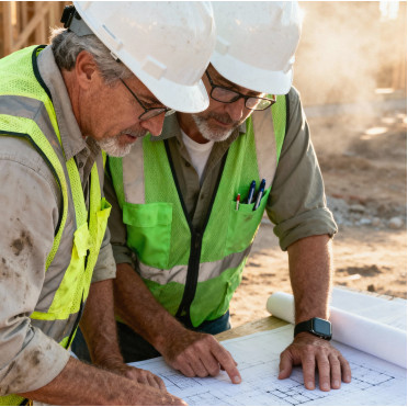 Site engineers reviewing plans on a construction site
