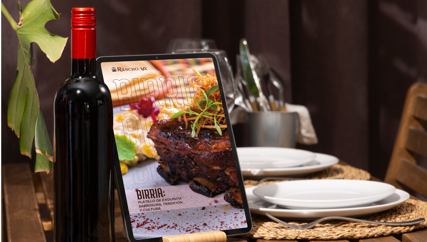 Rancho MX Birria campaign shown on a tablet at a set table