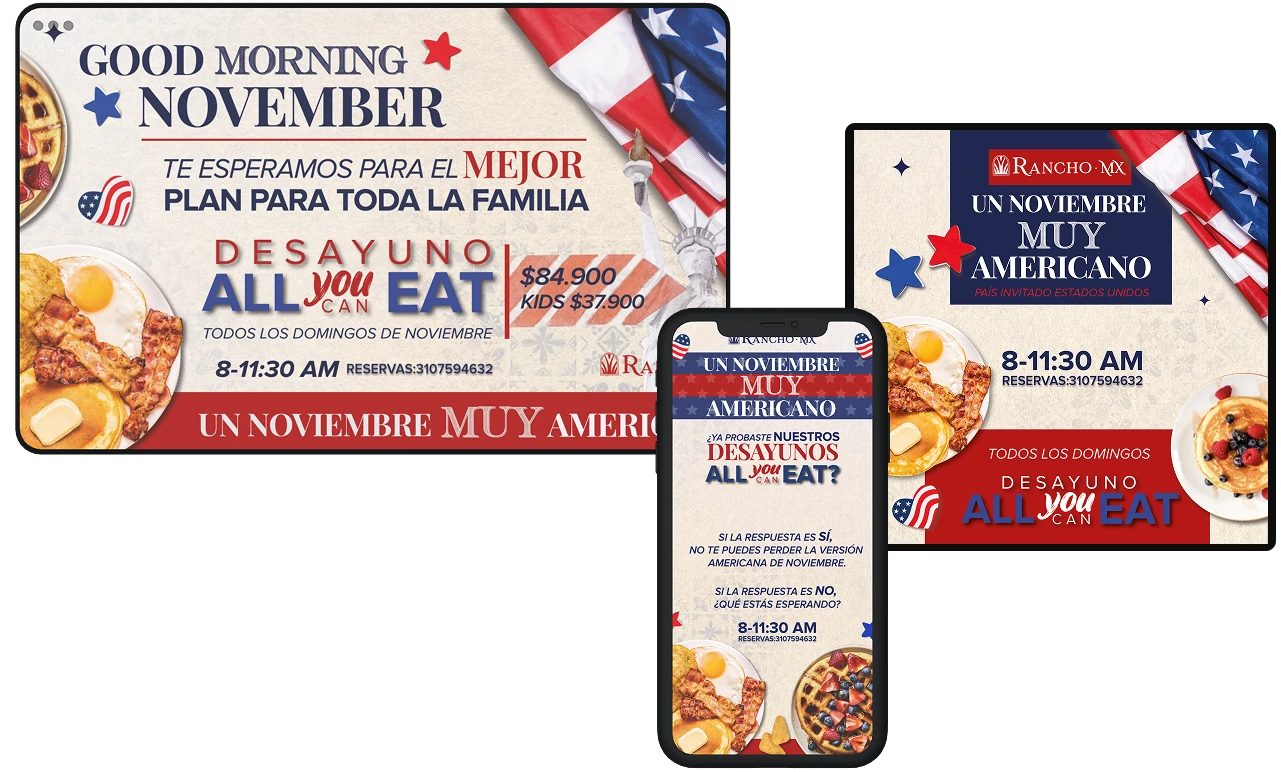 Good Morning November — All You Can Eat breakfast campaign across banner, tablet and phone