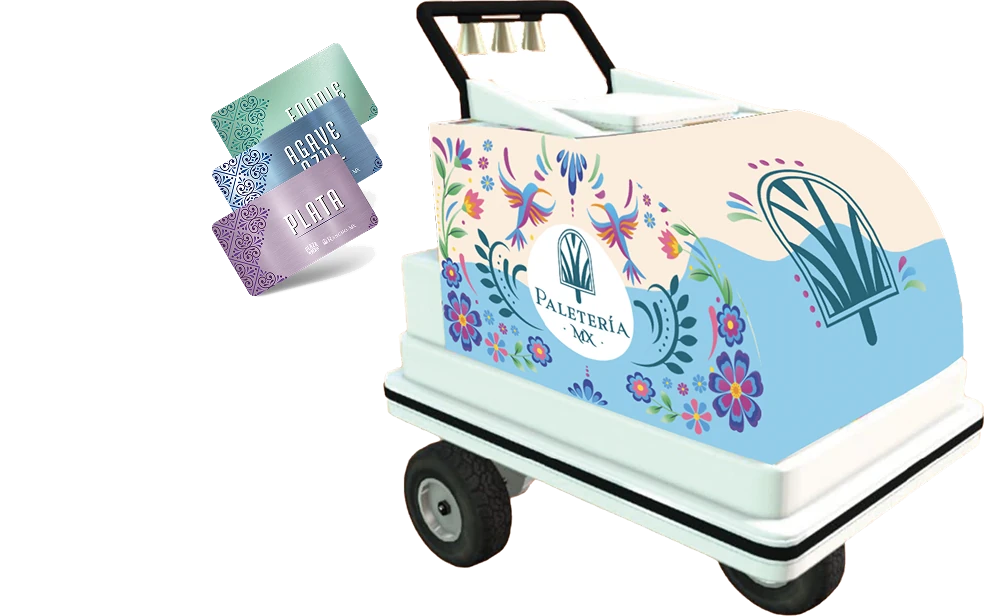 Rancho MX membership cards and branded Paletería MX cart