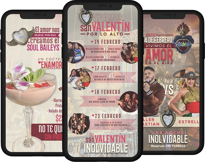 San Valentín campaign shown across three phone screens