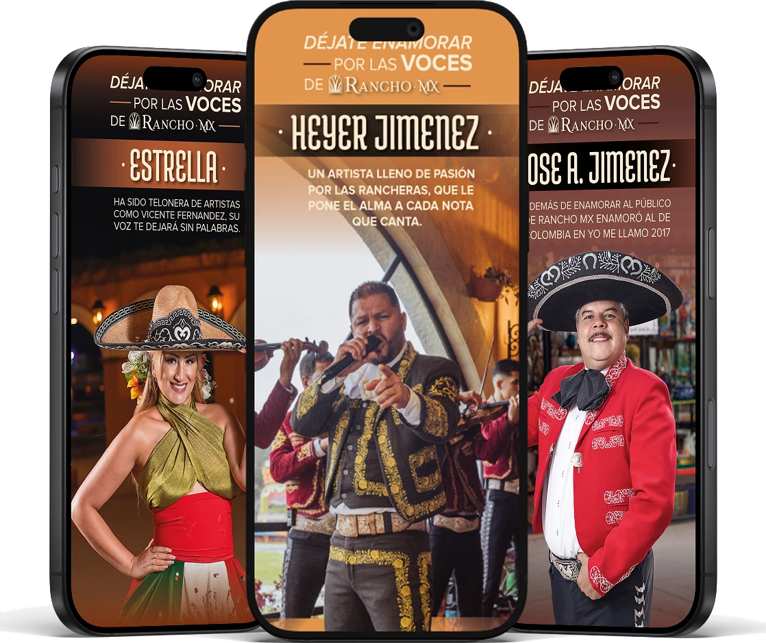 Déjate enamorar por las voces de Rancho MX — artist stories across three phones